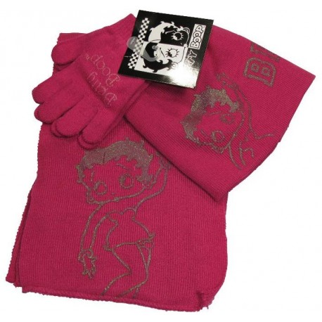 bonnet-gants et echarpe betty boop fuchsia taille 2-5 ans