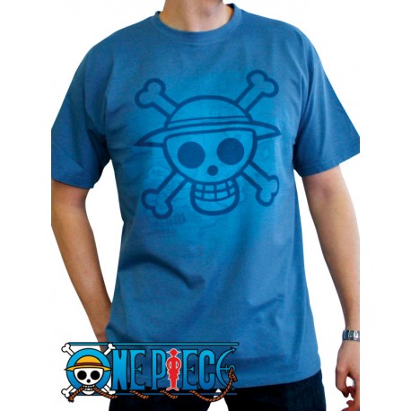 t-shirt one piece bleu skull with map used version