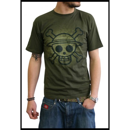 t-shirt one piece kaki skull with map used version